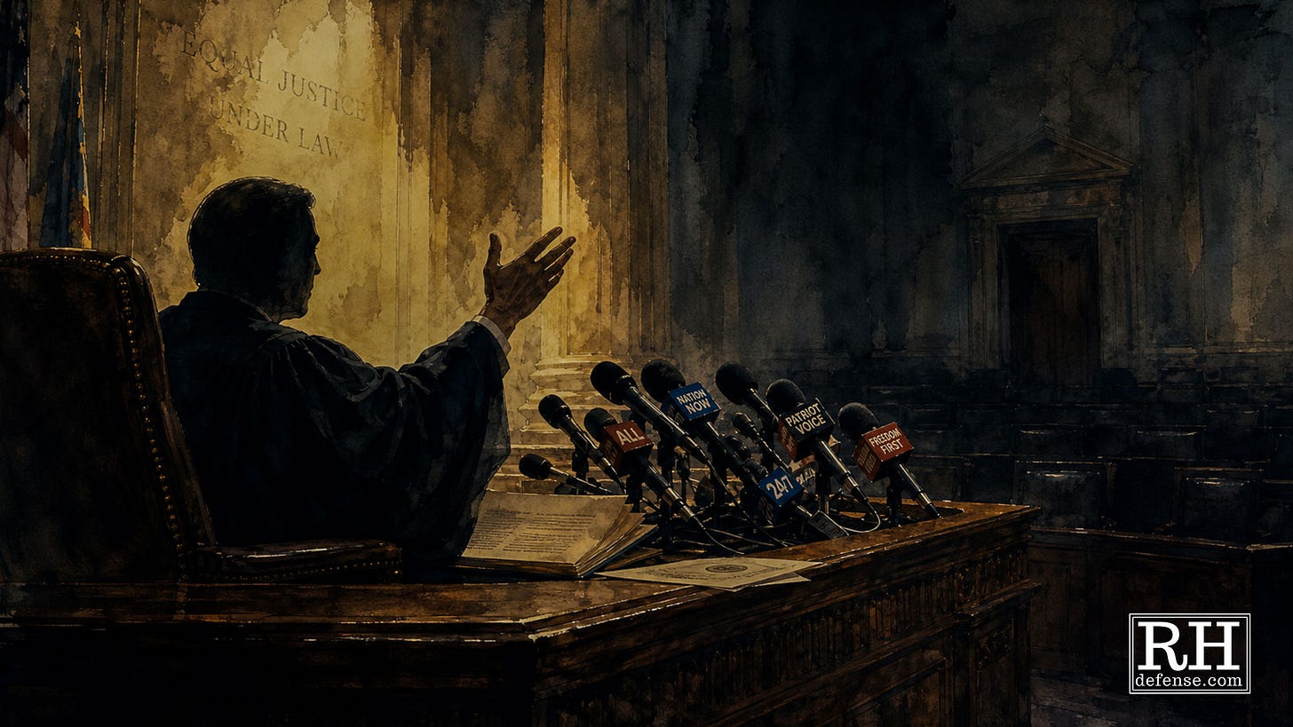 A robed judge sits at a courtroom bench crowded with campaign-style microphones, speaking into an empty, shadowed courtroom.