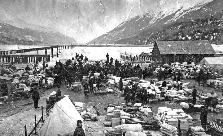 Gold stampeders in Dyea, Alaska.