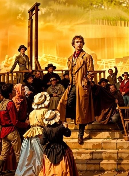 This may contain: a man standing on top of a set of stairs next to people in costumes and hats