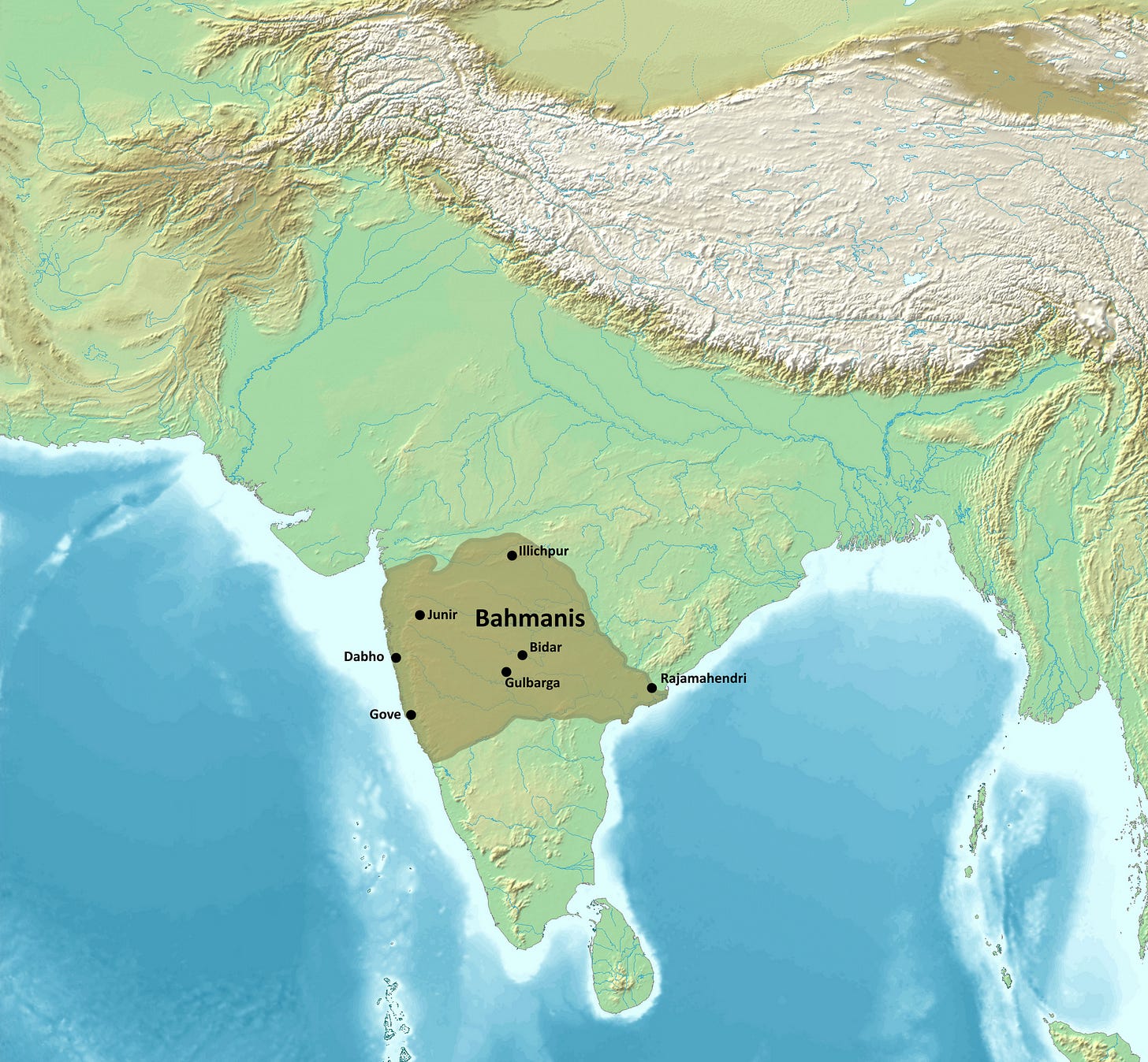 The Bahmani Sultanate at its greatest extent in 1473 under regent Mahmud Gawan[1][2]