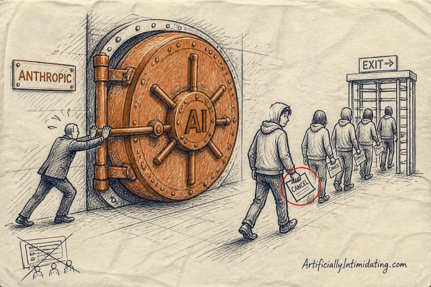 Pen-and-ink editorial cartoon: a suited official strains to push shut a huge rust-orange bank vault door marked AI, beside a plaque reading ANTHROPIC. Behind him a line of hooded developers walks away toward an EXIT turnstile, each carrying a sheet of paper marked CANCEL, one circled in red.
