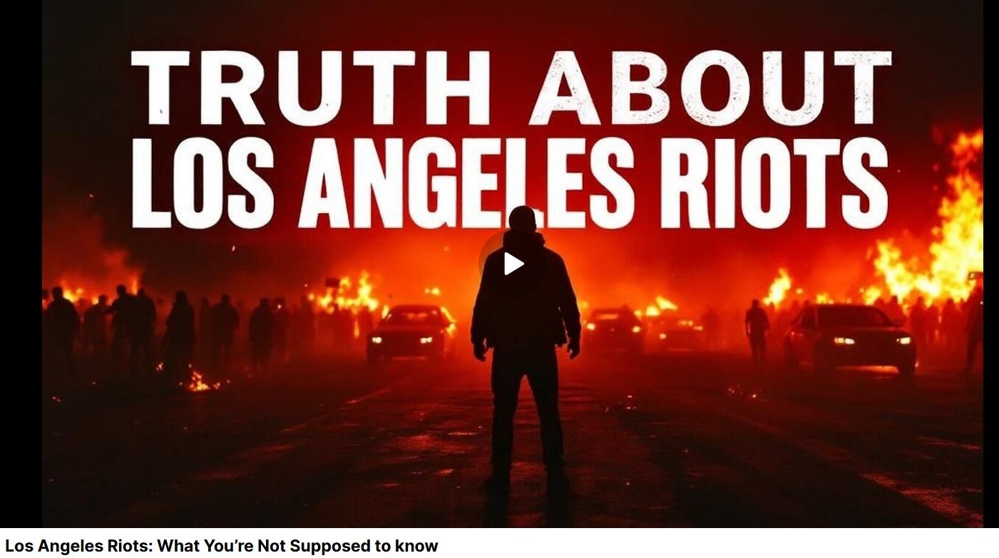 AI generated image with the same cliché orange on black palette as the others, this time with a panorama of a flaming city, some cars with their headlights on, shadowy figures that may be rioters, and in the foreground, a single menacing silhouette of a man who stands as if about to attack the viewer. Large all-caps caption: 'truth about Los Angeles Riots' AI generated image with the same cliché orange on black palette as the others, this time with a panorama of a flaming city, some cars with their headlights on, shadowy figures that may be rioters, and in the foreground, a single menacing silhouette of a man who stands as if about to attack the viewer. Large all-caps caption: 'truth about Los Angeles Riots'