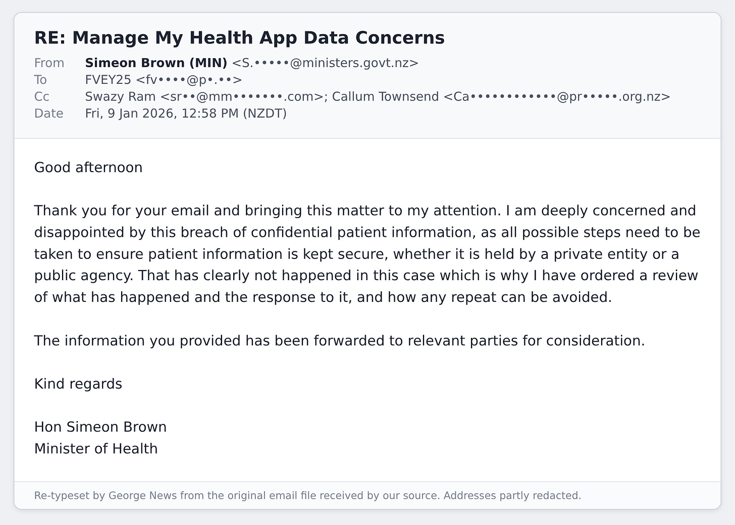 Email from Health Minister Simeon Brown saying he has ordered a review Email from Health Minister Simeon Brown saying he has ordered a review