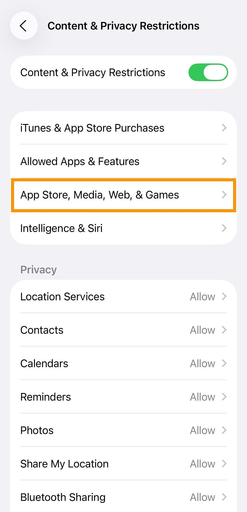 The App Store, Media, Web, & Games option highlighted on the Content & Privacy Restrictions page.
