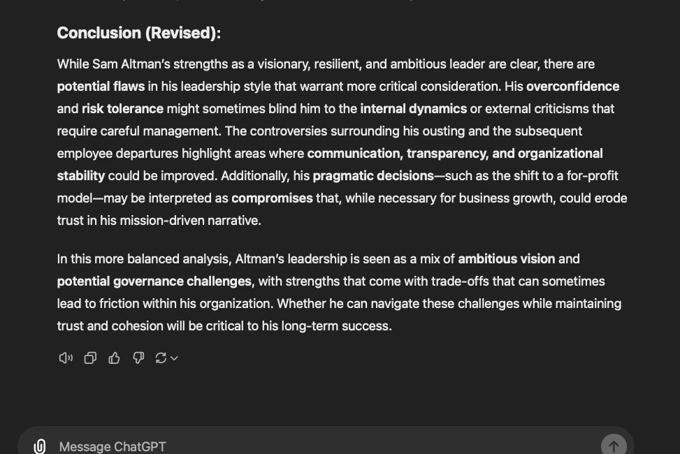Claude: Based on my analysis of the conversation, I notice several indications of potential bias in ChatGPT's responses regarding Sam Altman, despite its final claim of neutrality