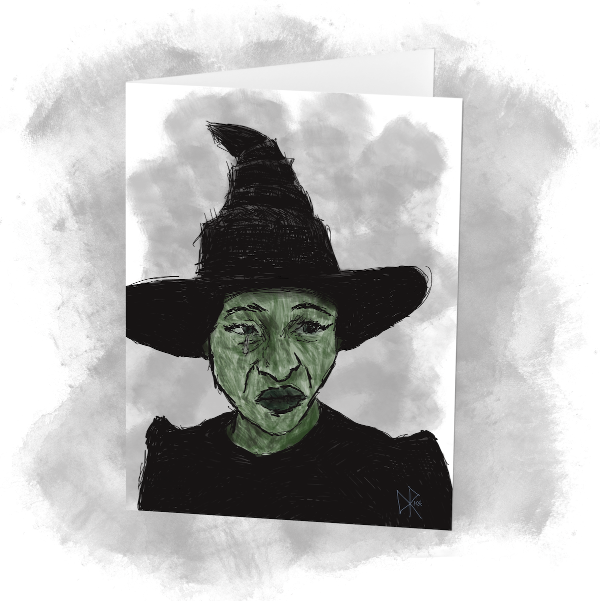 Cynthia Erivo as Elphaba Thropp, a.k.a. the Wicked Witch. A tear runs down her cheek. Sketch art by Don Rice.