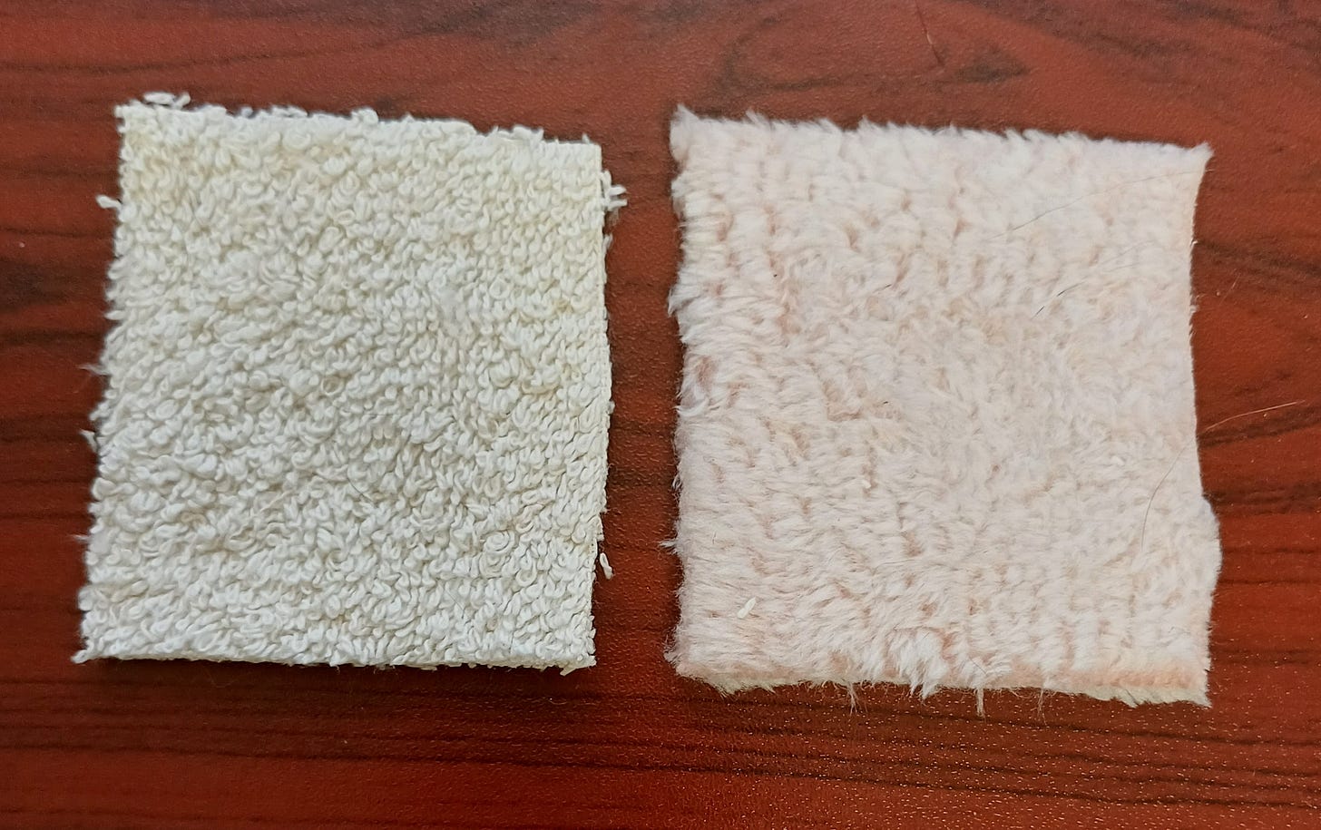 Two squares of fabric, creamy toweling on left and pinkish plush on right Two squares of fabric, creamy toweling on left and pinkish plush on right