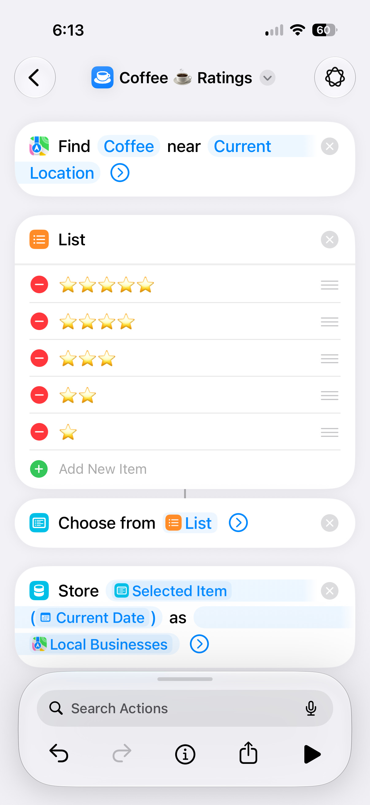 An iOS 27 Shortcut that finds nearby coffee shops, lets you choose a star rating, then stores the selected business and current date using the new Store Content action for a personal coffee log. An iOS 27 Shortcut that finds nearby coffee shops, lets you choose a star rating, then stores the selected business and current date using the new Store Content action for a personal coffee log.