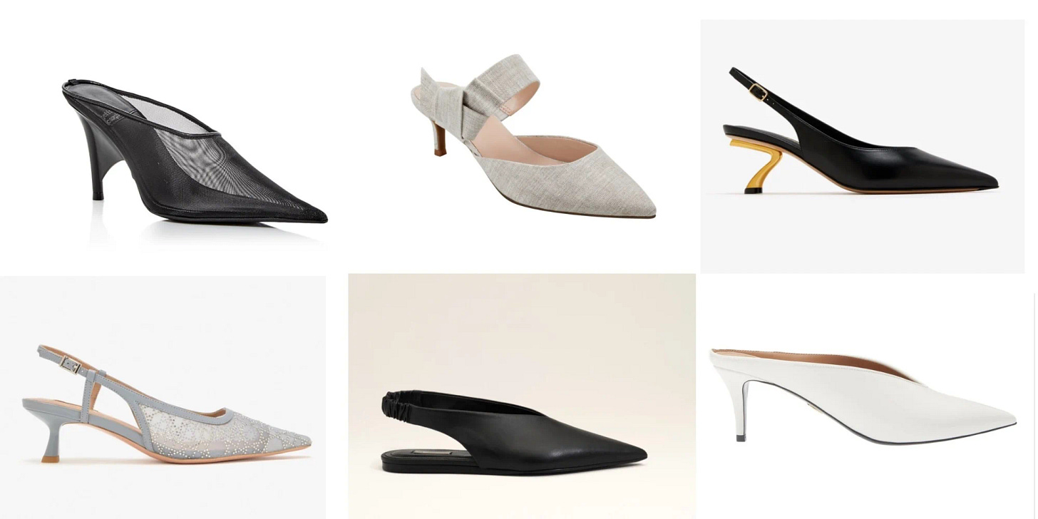 A curated collection of elegant summer office shoes, featuring closed-toe mules, chic slingbacks, and kitten heels that comply with corporate business etiquette.