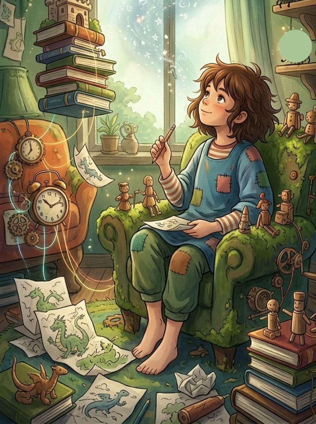 Une enfant HQI réalise son potentiel créatif entouré de ses créations Une enfant HQI réalise son potentiel créatif entouré de ses créations