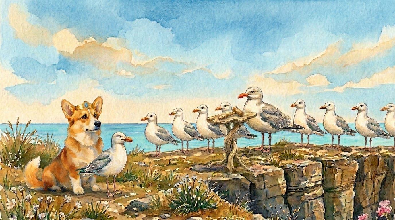 Prince Freddie sits among a parliament of seagulls overlooking the Spanish coast — sleep story scene.