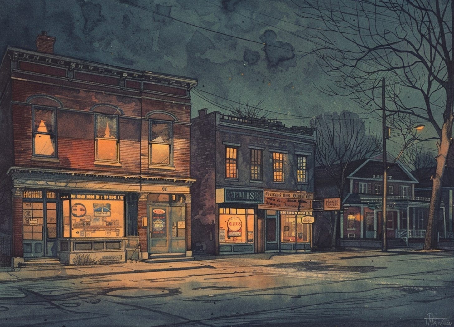 vintage watercolor illustration of a faded brick storefront on a quiet Illinois street at night with a dimly lit upstairs apartment window