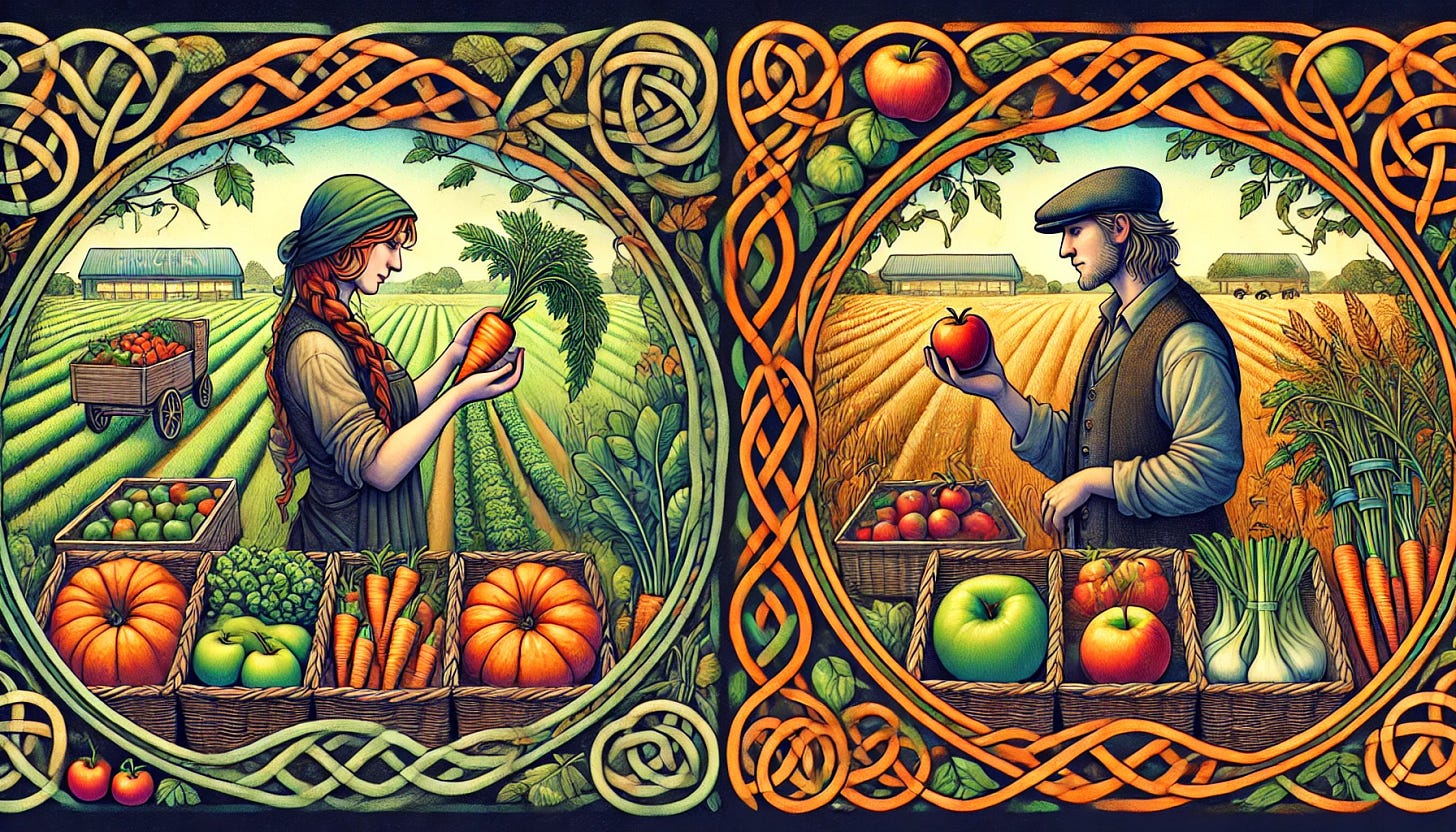 A Celtic-themed illustration showing the contrast between a grocery store produce section with perfect, uniform fruits and vegetables, and a farm field with diverse, imperfectly shaped but vibrant produce. The scene includes Celtic knot designs framing the image, blending into the natural elements like leaves and vines. A farmer is holding a misshapen but beautiful carrot with pride, and a supermarket manager is inspecting perfectly round apples. The artwork has a warm and earthy color palette, emphasizing nature's beauty in imperfection. The style reflects Celtic art traditions with intricate details and a harmonious blend of human and natural elements.