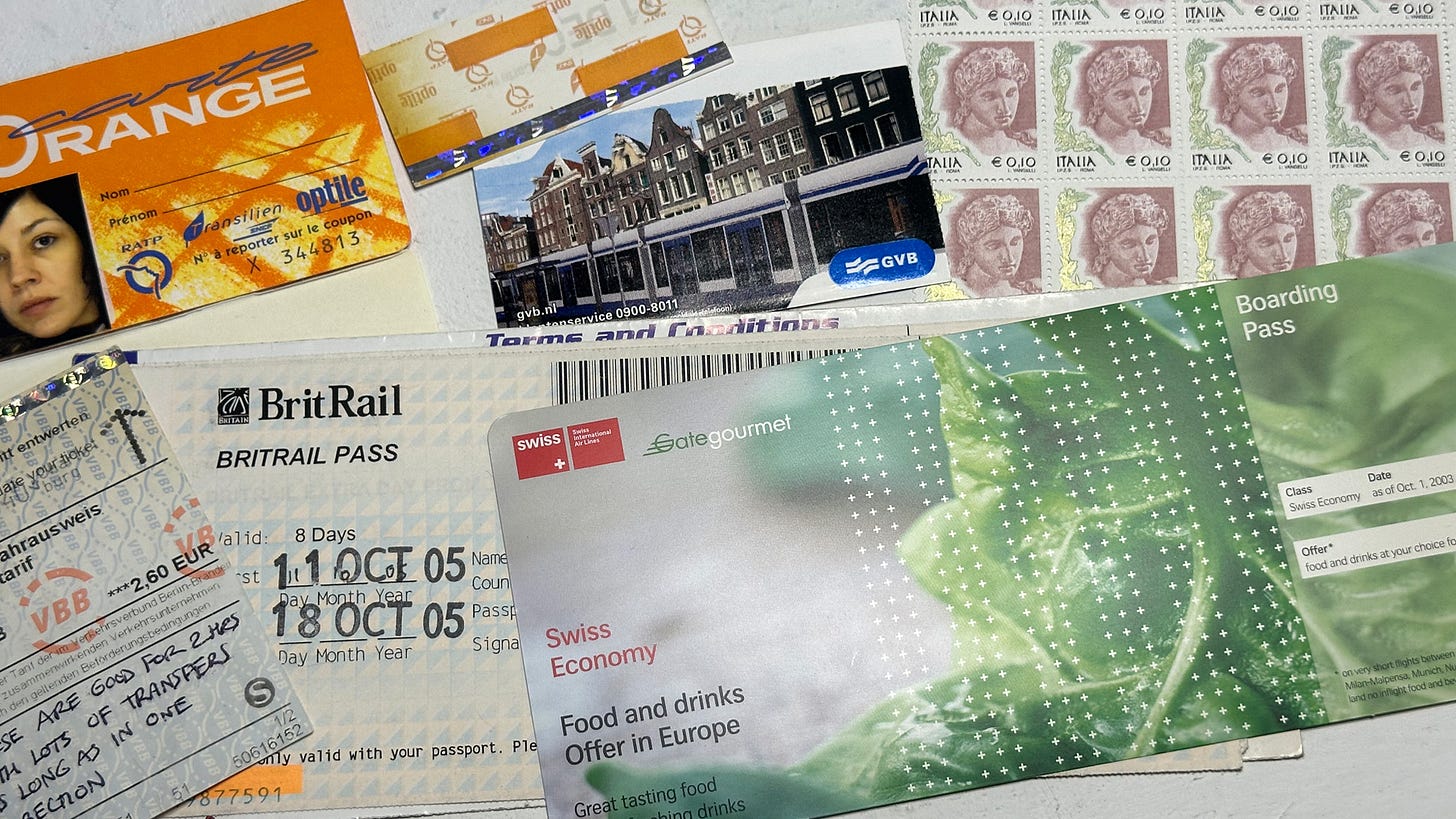 Paper ephemera in the form of travel tickets and stamps Paper ephemera in the form of travel tickets and stamps