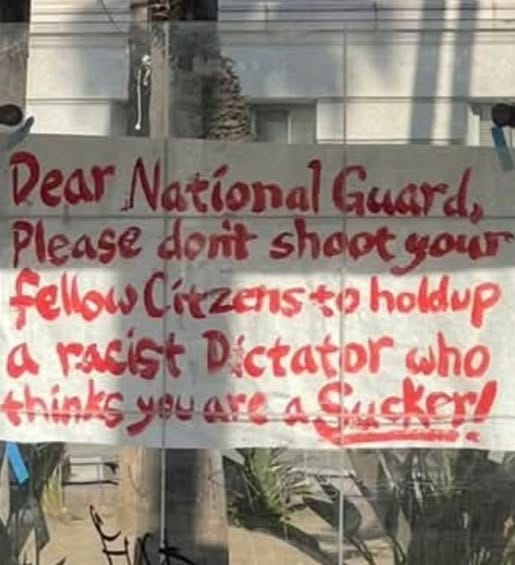 May be an image of text that says 'Dear Vational Guard Please dont shoptyour shopt fellow ล Citzens to holdup α racist Dictator ωo thinks youare yου Sucker!'