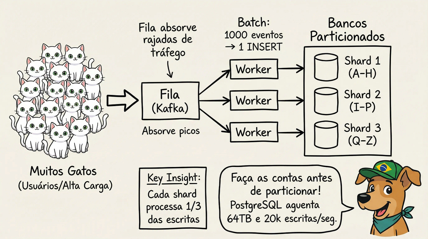 Diagrama mostrando como escalar escritas com sharding, filas e batching