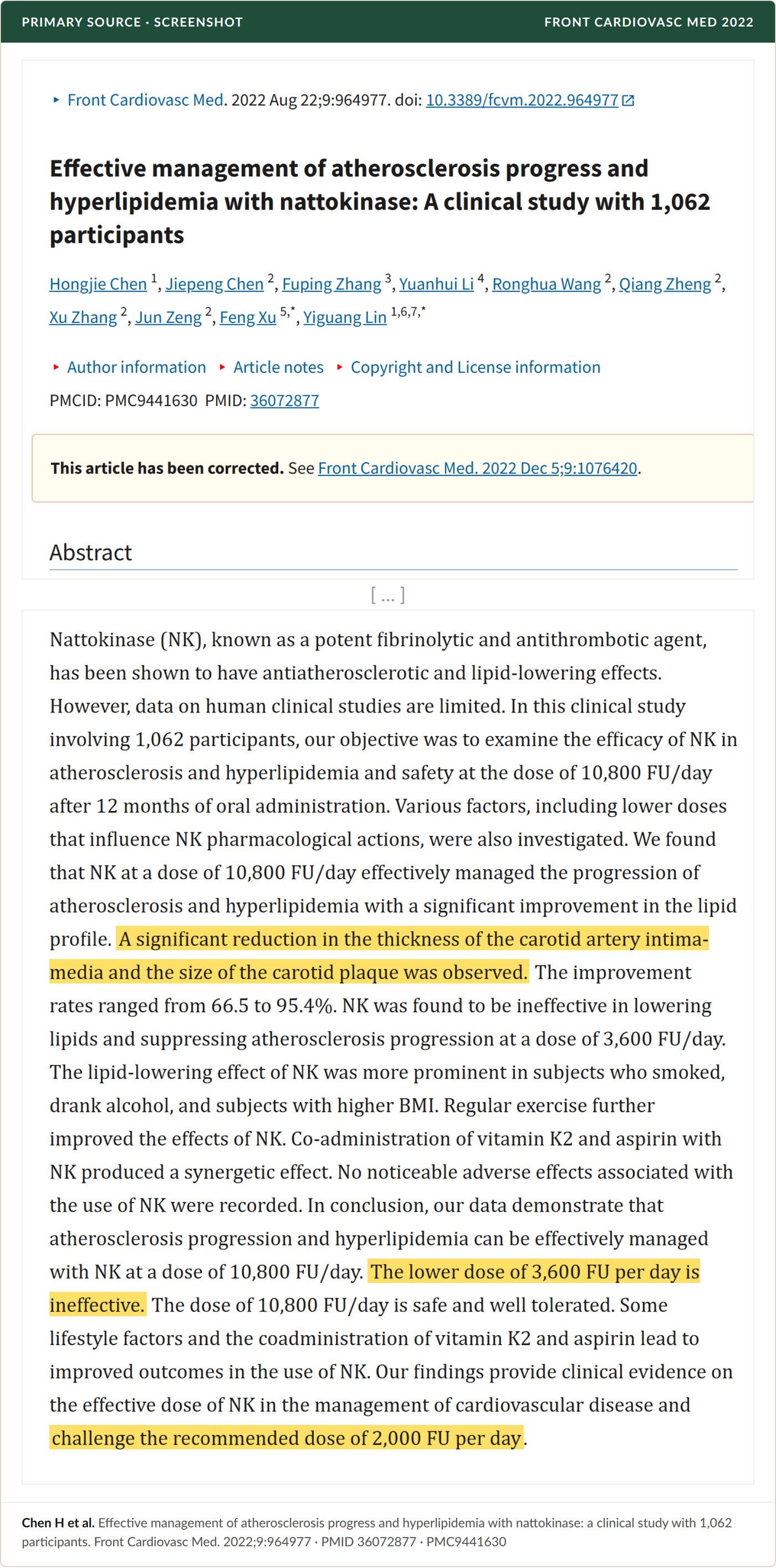Chen et al., Front Cardiovasc Med 2022: the 1,062-patient study. Highlighted: the carotid findings, the ineffective 3,600 FU dose, and the challenge to the 2,000 FU standard.