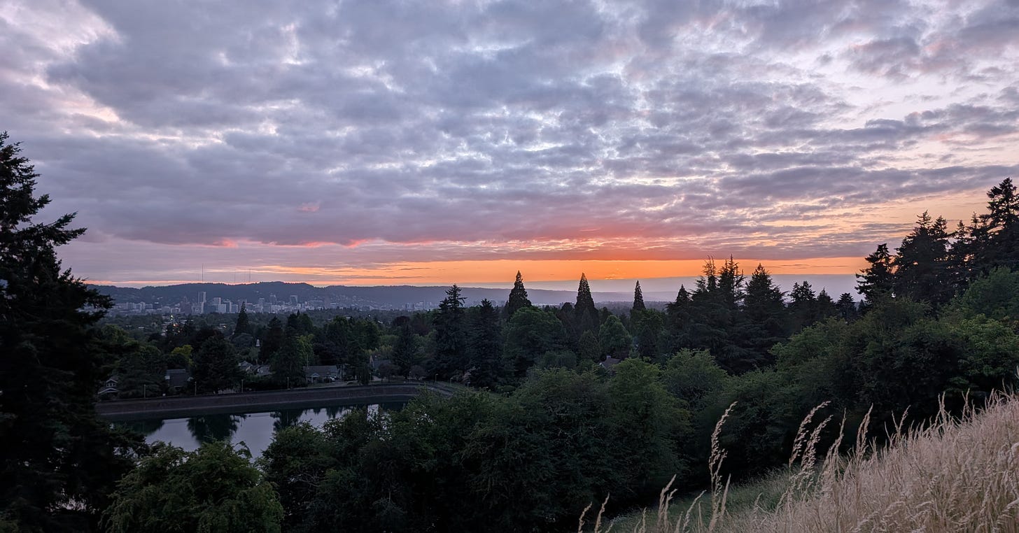 Sunset view over reservoir with a cloudy skies above and dark trees in the foreground.