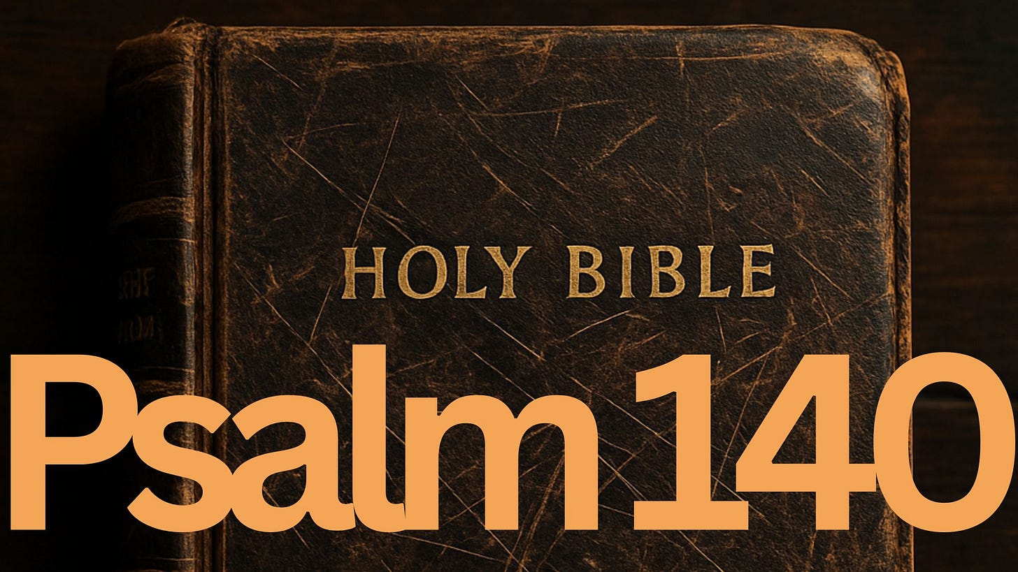 A close-up of a worn leather Bible with deep scratches and a faded gold title, resting on a dark wooden table.
