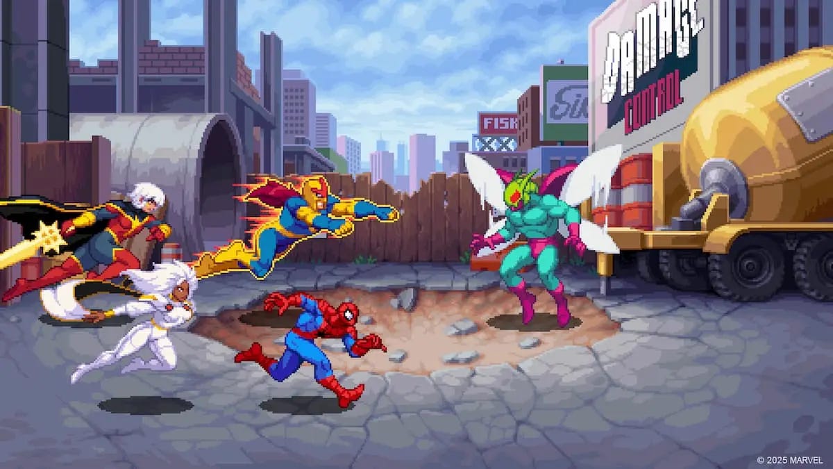 Marvel Superheroes like Spider-Man and Storm charge into a fight