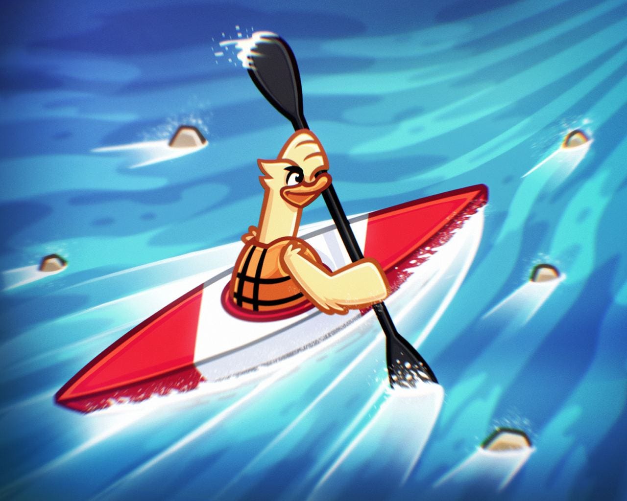 Ton Duck in canoe navigating through rocks in the river