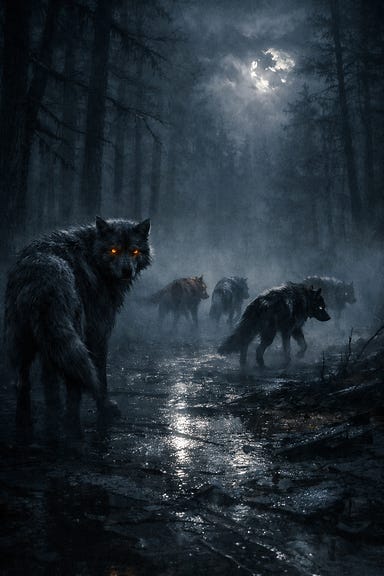 Werewolf pack retreating into a cold, mist‑choked Barovian forest. Tall, claw‑like trees rise into fog. Rain‑slick ground reflects faint moonlight. The werewolves are original, long‑limbed wolf‑shapes with coarse fur and glowing eyes. Emil leads with ash‑gray fur and ember‑colored eyes, glancing back once before fading into shadow. Zuleika follows, a sleek dark‑furred huntress with pale streaks. Behind them, three smaller wolf‑forms with mottled brown, storm‑gray, and pale silver fur melt into the mist. A fractured moon glows dimly behind clouds as the forest swallows their shapes, leaving only a low, mournful howl of survival. Werewolf pack retreating into a cold, mist‑choked Barovian forest. Tall, claw‑like trees rise into fog. Rain‑slick ground reflects faint moonlight. The werewolves are original, long‑limbed wolf‑shapes with coarse fur and glowing eyes. Emil leads with ash‑gray fur and ember‑colored eyes, glancing back once before fading into shadow. Zuleika follows, a sleek dark‑furred huntress with pale streaks. Behind them, three smaller wolf‑forms with mottled brown, storm‑gray, and pale silver fur melt into the mist. A fractured moon glows dimly behind clouds as the forest swallows their shapes, leaving only a low, mournful howl of survival.