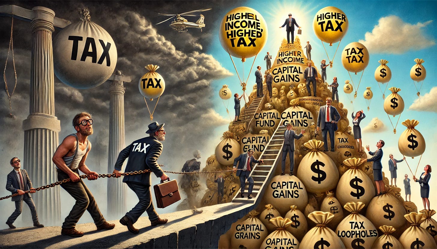 A dystopian economic scene illustrating the burden of progressive taxation. On the left side, a weary, overworked middle-class worker is chained to a giant 'TAX' boulder, struggling to climb an endless staircase labeled 'Higher Income, Higher Tax'. He carries a briefcase labeled 'Salary' while government officials in suits take money from his pockets. On the right side, a wealthy businessman in a luxurious suit and sunglasses, with a smug smile, effortlessly floats upward on golden balloons labeled 'Trust Fund', 'Capital Gains', 'Offshore Account', and 'Tax Loopholes'. He is accompanied by financial advisors and lawyers showing him ways to legally evade taxes. In the background, a shadowy government figure manipulates strings like a puppet master, controlling the entire system. The sky is divided—dark clouds over the worker, bright sunlight over the billionaire.