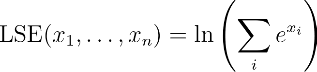 \text{LSE}(x_1, \ldots, x_n) = \ln\left(\sum_i e^{x_i}\right)