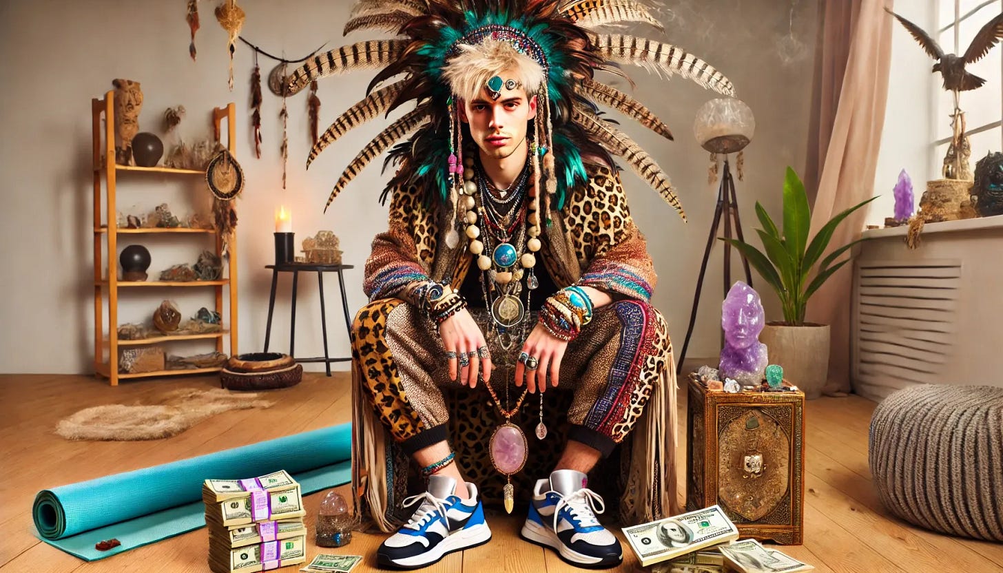 A smug-looking young man with pale skin, wearing an absurd and over-the-top shaman outfit. His attire is an exaggerated mix of spiritual items: a feathered headdress, layers of beaded necklaces, a shimmering robe with mismatched patterns, and a belt made of crystals and tarot cards. He is also wearing modern flashy sneakers. His pockets are overflowing with cash, with bills flying around him. The setting combines elements of a luxury apartment and a spiritual retreat, featuring yoga mats, incense burners, and glowing crystals. His expression is arrogant, as if reveling in the bizarre blend of mysticism and materialism.