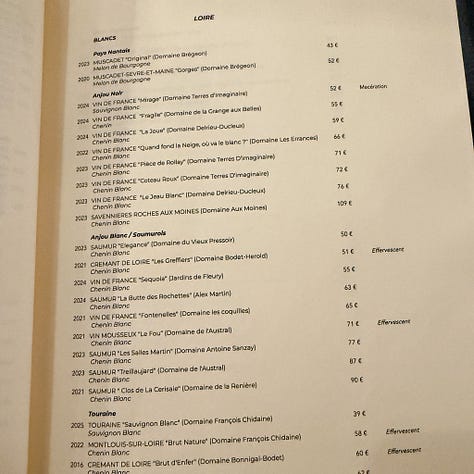 Selections from the wine list at Semilla restaurant in Saint-Germain in Paris