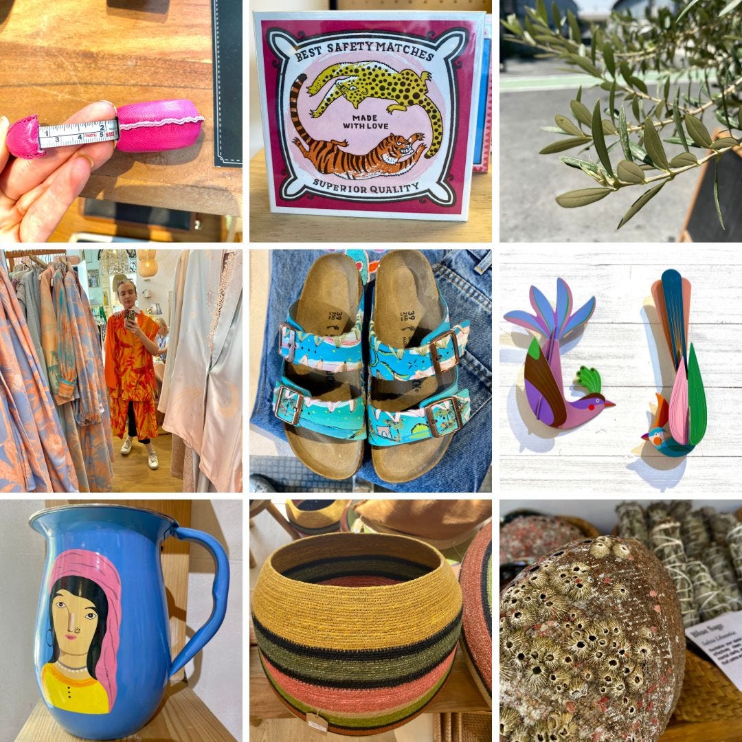A selection of products from around the shops I visited. A bright pink leather tape measure. Colourful safety matches. Painted birkenstocks. A blue jug. Sage and some local flora and fauna.
