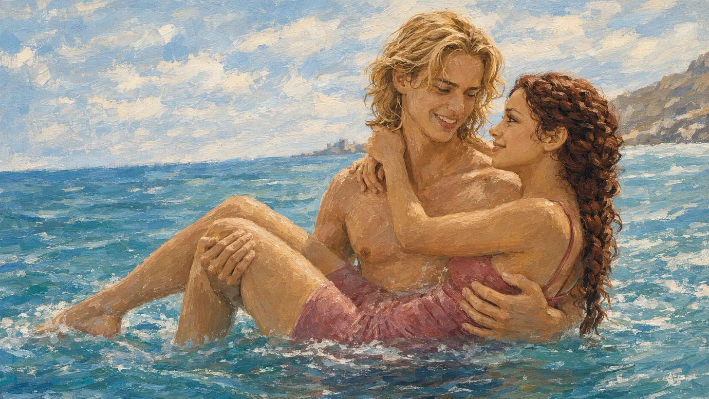 Matteo holds Lucia in the ocean as they smile at each other, her arms and legs wrapped around him. Matteo holds Lucia in the ocean as they smile at each other, her arms and legs wrapped around him.
