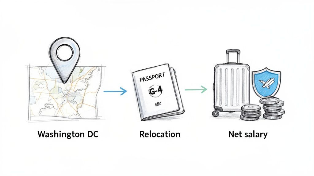 Illustration of a career journey from Washington DC, involving relocation with a G-4 visa, leading to net salary.