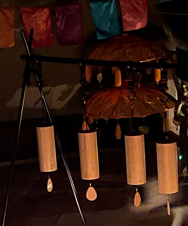 Shamanic sound bath with singing bowls, gong, chimes and more by fire and shrine