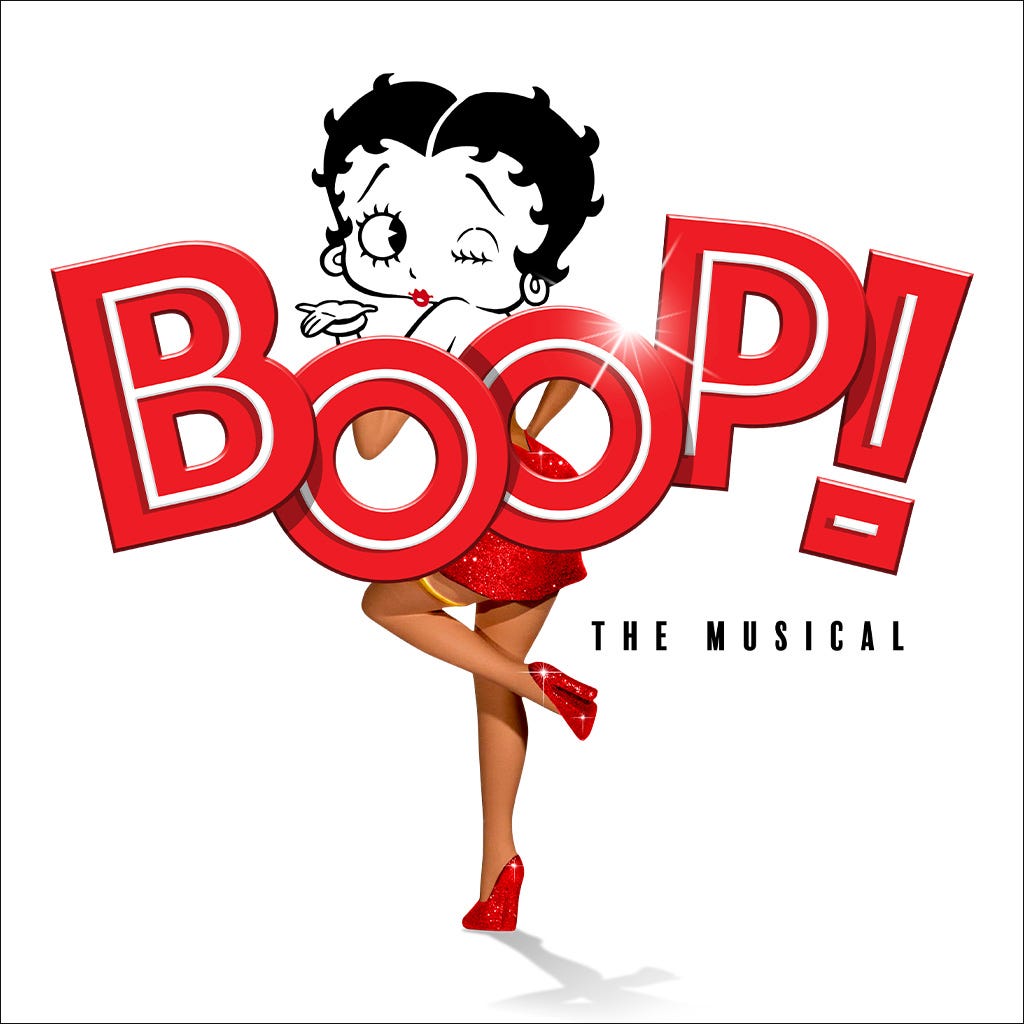 The logo for "BOOP! The Musical" includes the animated head of the famous cartoon character with the dancing legs of the actress playing her The logo for "BOOP! The Musical" includes the animated head of the famous cartoon character with the dancing legs of the actress playing her