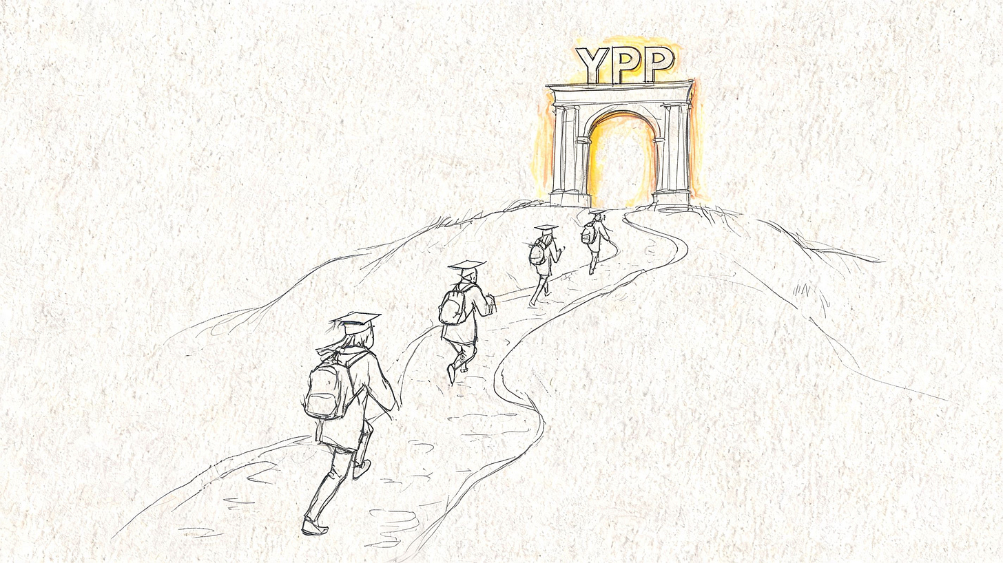 A pencil sketch of four students with backpacks and graduation caps walking towards a glowing archway labeled YPP.