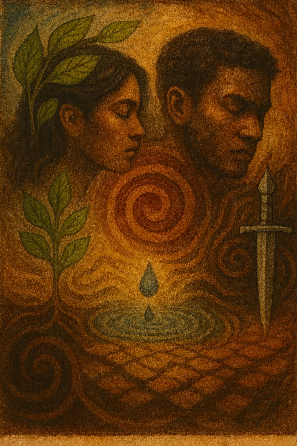 A symbolic, earthy-toned painting showing two human figures of different ethnic backgrounds — one male, one female — emerging from swirling patterns of roots, leaves, and spirals. A young sapling grows beside the woman, while a sword stands beside the man. A single water droplet falls into a rippling pool between them, symbolising both division and potential connection. The scene evokes distortion, lost balance, and the possibility of renewal.