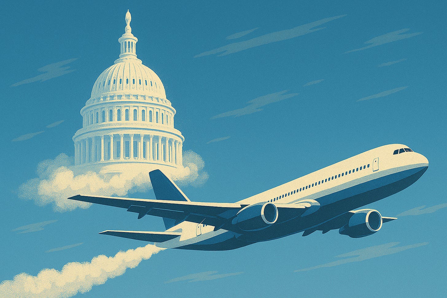 A passenger jet flies away with its fumes creating a ghostly image of the US Capitol