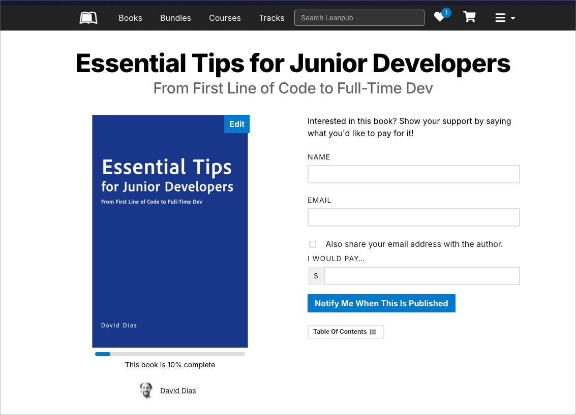 My book's homepage displaying the title "Essential Tips for Junior Developers" by David Dias. The book's cover is blue with white text. There is a form on the right for expressing interest, including fields for name and email, and an option to share the email with the author.