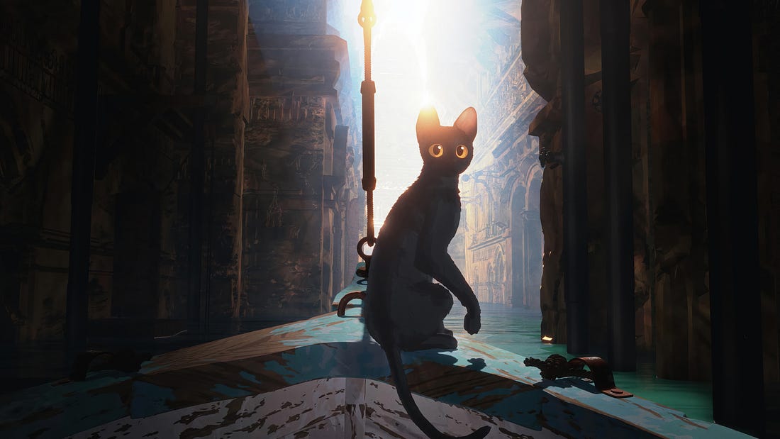Animated ilm still of a black cat on the bow of a boat sailing through a mysterious flooded city