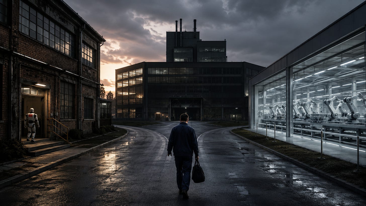 Photograph at dusk. At the centre, a large industrial complex whose windows are going dark. A road forks. On the left, an old brick factory built to human scale, where a white humanoid robot with a red panel on its chest walks up toward a lit doorway. On the right, a modern glass hall bathed in cold light, filled with rows of robotic arms and no workers. In the foreground, seen from behind, a worker in blue overalls leaves the site, a bag in hand.