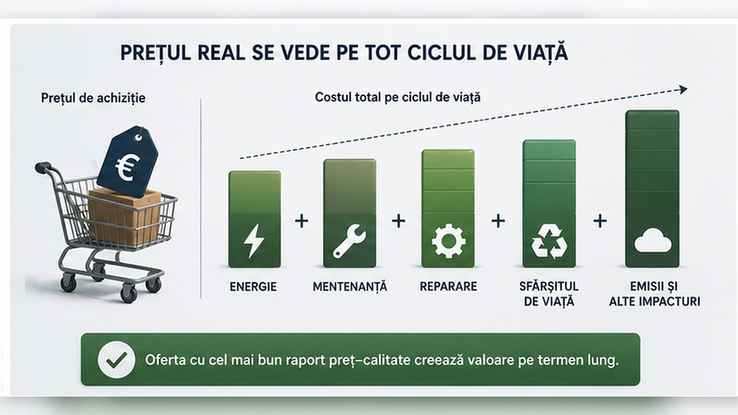 Comparație între prețul inițial de achiziție și costul total pe ciclul de viață, incluzând energia, mentenanța, reparațiile și sfârșitul de viață.