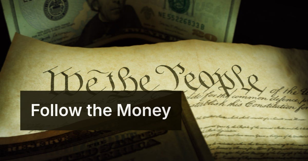 Declaration of Independence overlaid with $20 bill and 'Follow the Money' text, symbolizing the contrast between American democratic ideals and congressional oversight failure Declaration of Independence overlaid with $20 bill and 'Follow the Money' text, symbolizing the contrast between American democratic ideals and congressional oversight failure