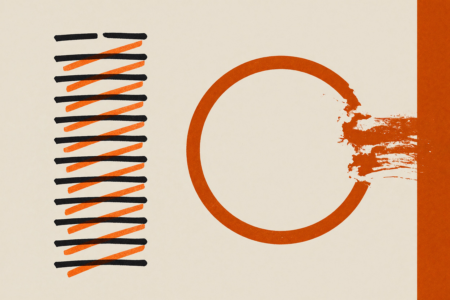 Abstract risograph illustration: a column of fourteen horizontal marks in warm black, most struck through with orange diagonal strokes, beside a broken orange circle whose ragged right edge bleeds into a flat orange field