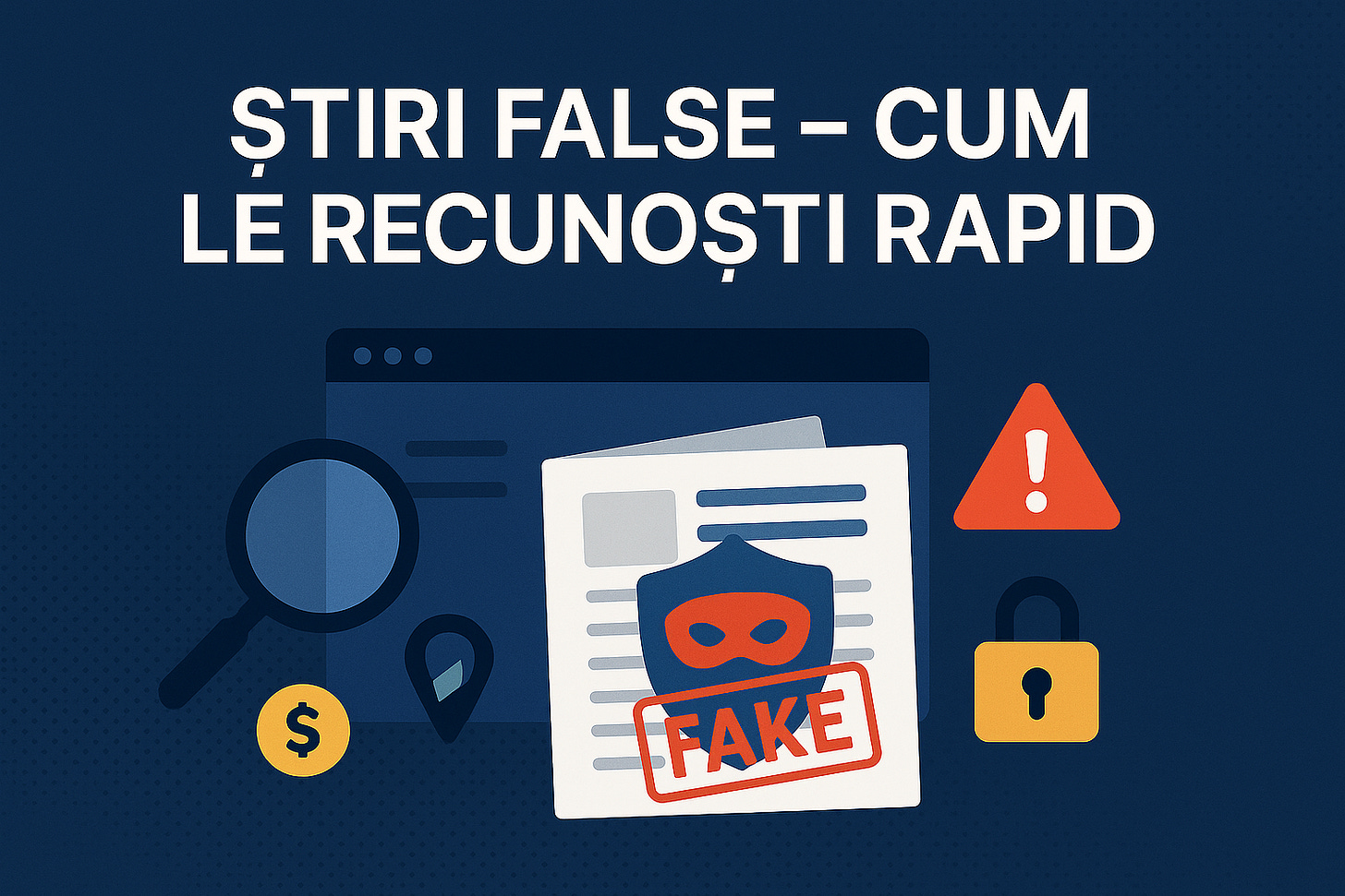 Infografic vectorial flat 16 : 9, fundal albastru-închis cu puncte subtile; titlu alb «STIRI FALSE – CUM LE RECUNOSTI RAPID». În centru, un ziar pliat cu ștampilă roșie „FAKE”, lângă o lupă albastru-închis și un triunghi de avertizare roșu; elemente suplimentare: pictogramă lacăt și fundal fereastră browser – design curat, contrast ridicat. Infografic vectorial flat 16 : 9, fundal albastru-închis cu puncte subtile; titlu alb «STIRI FALSE – CUM LE RECUNOSTI RAPID». În centru, un ziar pliat cu ștampilă roșie „FAKE”, lângă o lupă albastru-închis și un triunghi de avertizare roșu; elemente suplimentare: pictogramă lacăt și fundal fereastră browser – design curat, contrast ridicat.