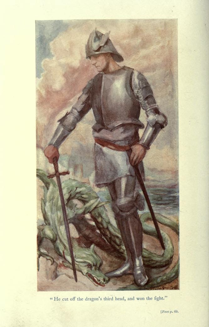 The lad is slaying the dragon.