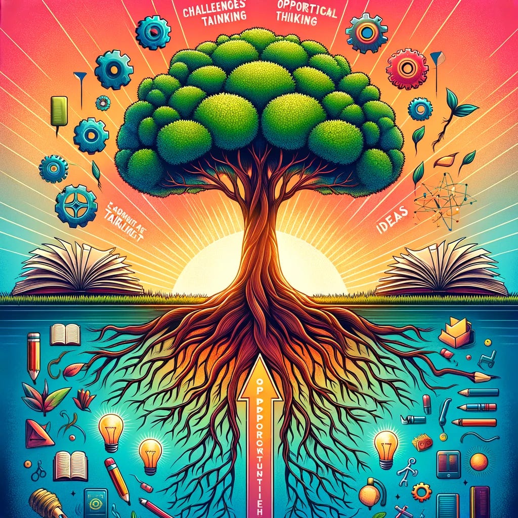 Create a vibrant and inspirational poster that embodies the concept of a growth mindset. The poster features a flourishing tree with its roots visible, symbolizing deep growth and resilience. The tree is surrounded by various icons that represent learning, such as open books, pencils, gears (for critical thinking), and light bulbs (for ideas). At the base of the tree, two paths diverge, one labeled 'Challenges' and the other 'Opportunities,' both leading to the tree, indicating that both paths contribute to growth. The background is a gradient from sunrise colors at the bottom to midday blue at the top, representing the journey from the start of learning to achieving enlightenment. Scattered throughout the poster are inspirational quotes about perseverance, learning from failure, and the importance of effort over innate talent. The overall design of the poster is meant to motivate and remind viewers that abilities and intelligence can be developed with dedication and hard work.