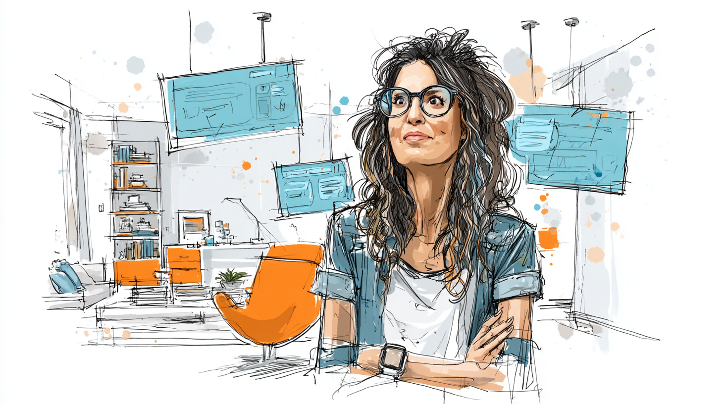 woman standing in modern home office, three glowing translucent floating digital screens hovering in the air to her left, eyes directed toward floating screens, engaged gaze, calm thoughtful expression,