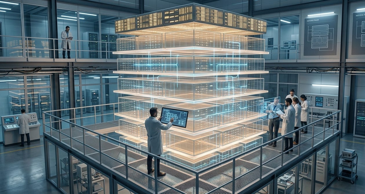 Engineers study a glowing, layered glass cube representing organized database page structures. Engineers study a glowing, layered glass cube representing organized database page structures.