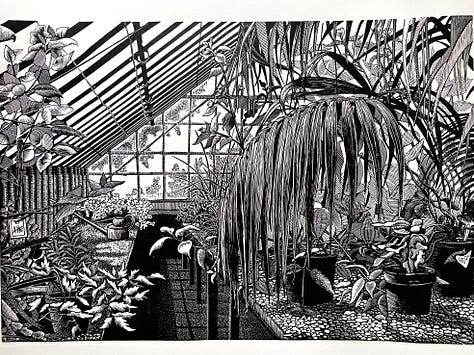 Process of creation 'Green House' Linocut Print
